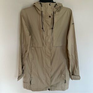 Women’s Columbia Long Trench Style Outdoor Rain Jacket Windbreaker Tan Size XS